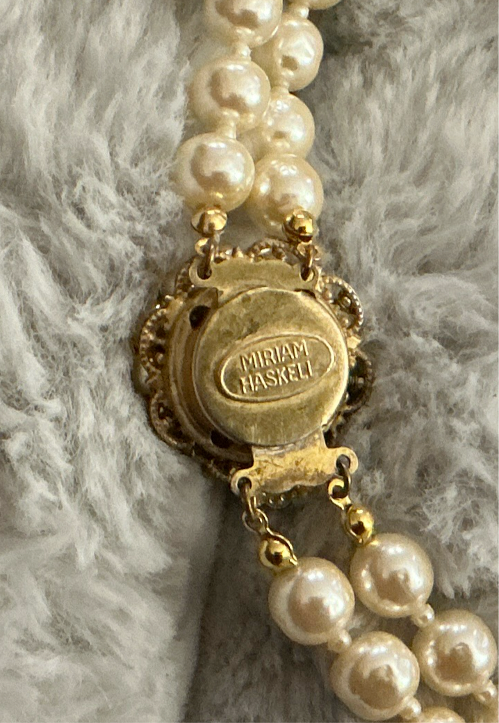 Vintage Miriam Haskell Pearl Necklace—Multi strand, gold floral detail and clasp
