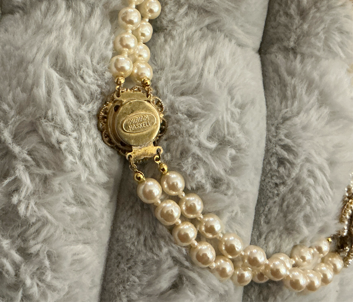 Vintage Miriam Haskell Pearl Necklace—Multi strand, gold floral detail and clasp
