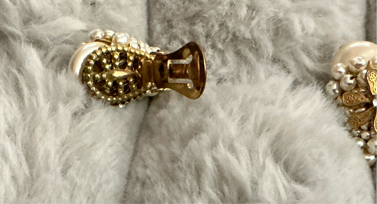 Vintage Miriam Haskell Pearl Earrings—Clip on, gold and rhinestone detail