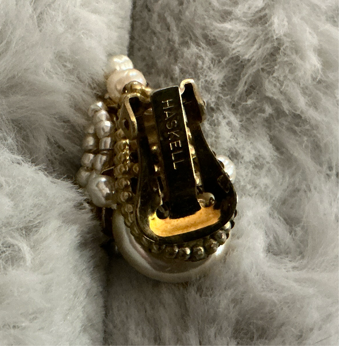 Vintage Miriam Haskell Pearl Earrings—Clip on, gold and rhinestone detail