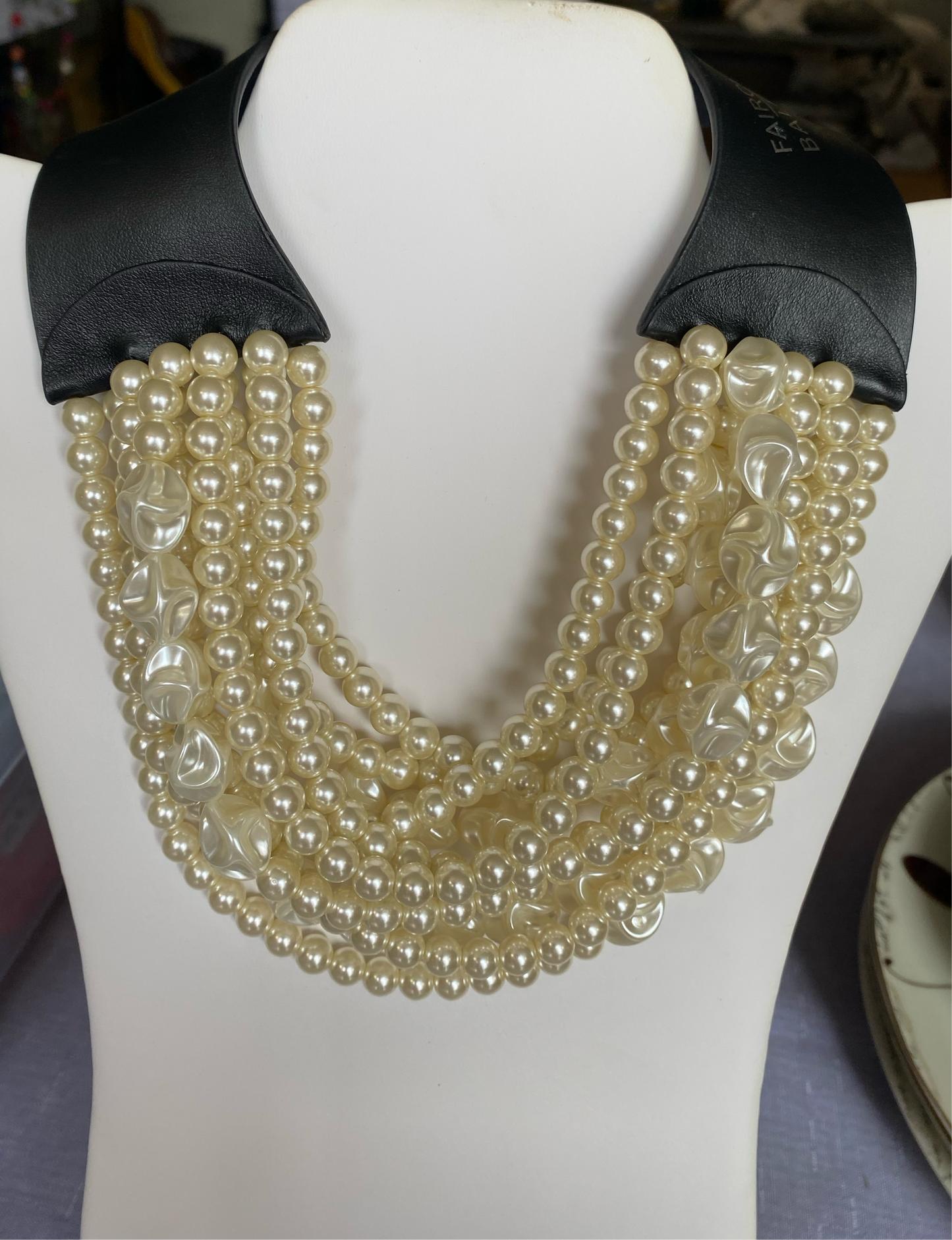Vintage Fairchild Baldwin Pearl Necklace—10 Strand white pearls, black leather band