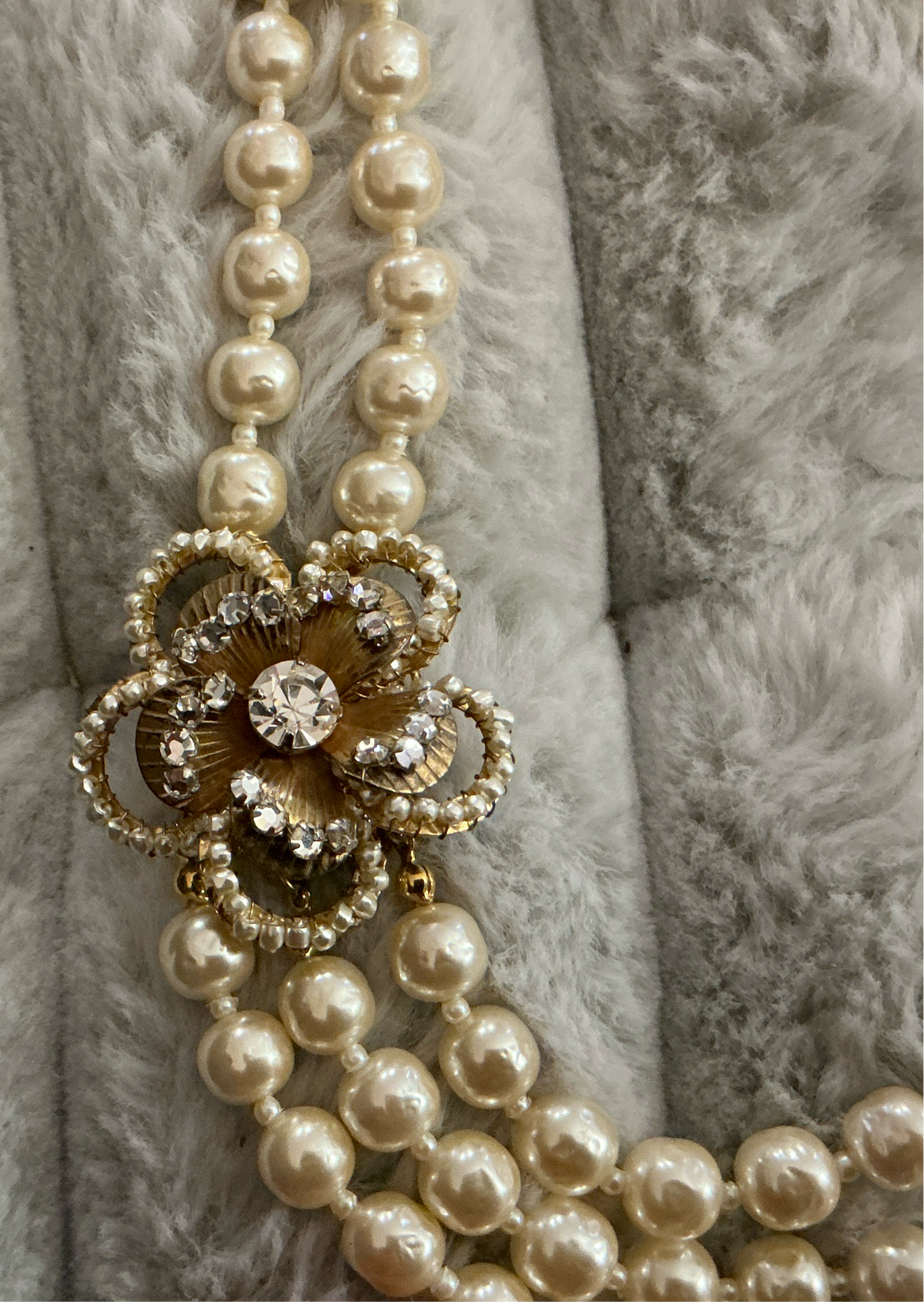 Vintage Miriam Haskell Pearl Necklace—Multi strand, gold floral detail and clasp