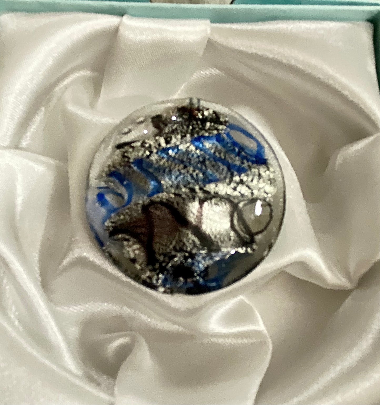Venetian Glass Handmade Focal Bead—37mm Disc, blue black and white gold encased in clear glass