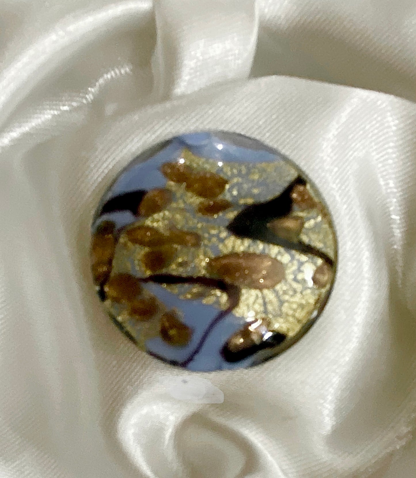 Venetian Glass Handmade Focal Bead—30mm Disc, Periwinkle AVENUTRINA pattern with bronze and black glass, 25k gold encased in clear glass