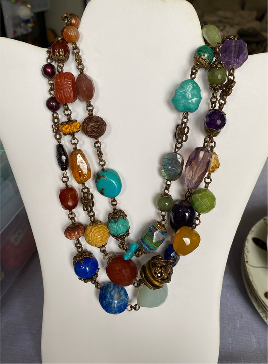 Vintage Stephen Dweck Three-Strand Gemstone Necklace