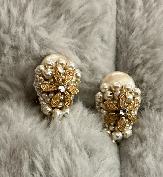 Vintage Miriam Haskell Pearl Earrings—Clip on, gold and rhinestone detail