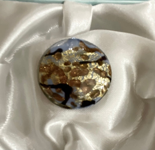 Venetian Glass Handmade Focal Bead—30mm Disc, Periwinkle AVENUTRINA pattern with bronze and black glass, 25k gold encased in clear glass