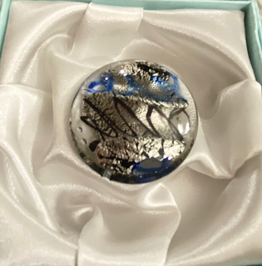 Venetian Glass Handmade Focal Bead—37mm Disc, blue black and white gold encased in clear glass