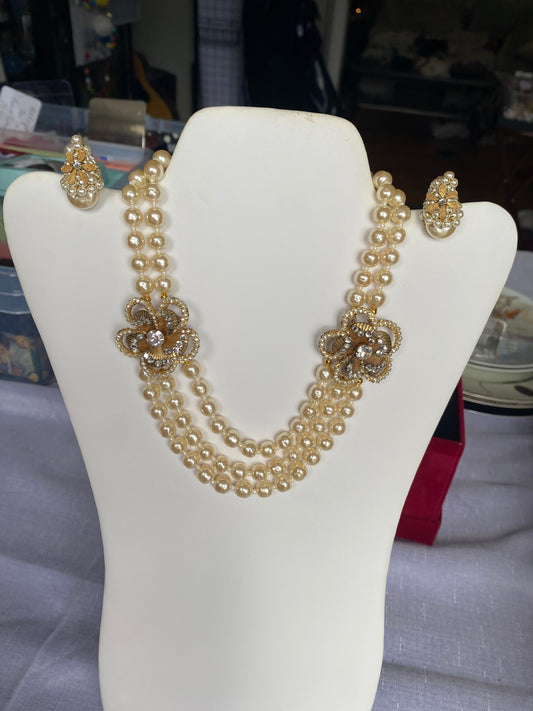 Vintage Miriam Haskell Pearl Necklace—Multi strand, gold floral detail and clasp