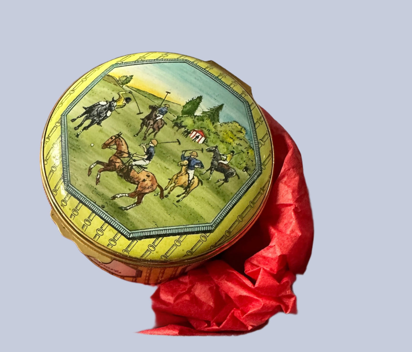 Elegant Halcyon Days Polo Scene Porcelain Trinket Box – Collectible Hand-Painted Artwork